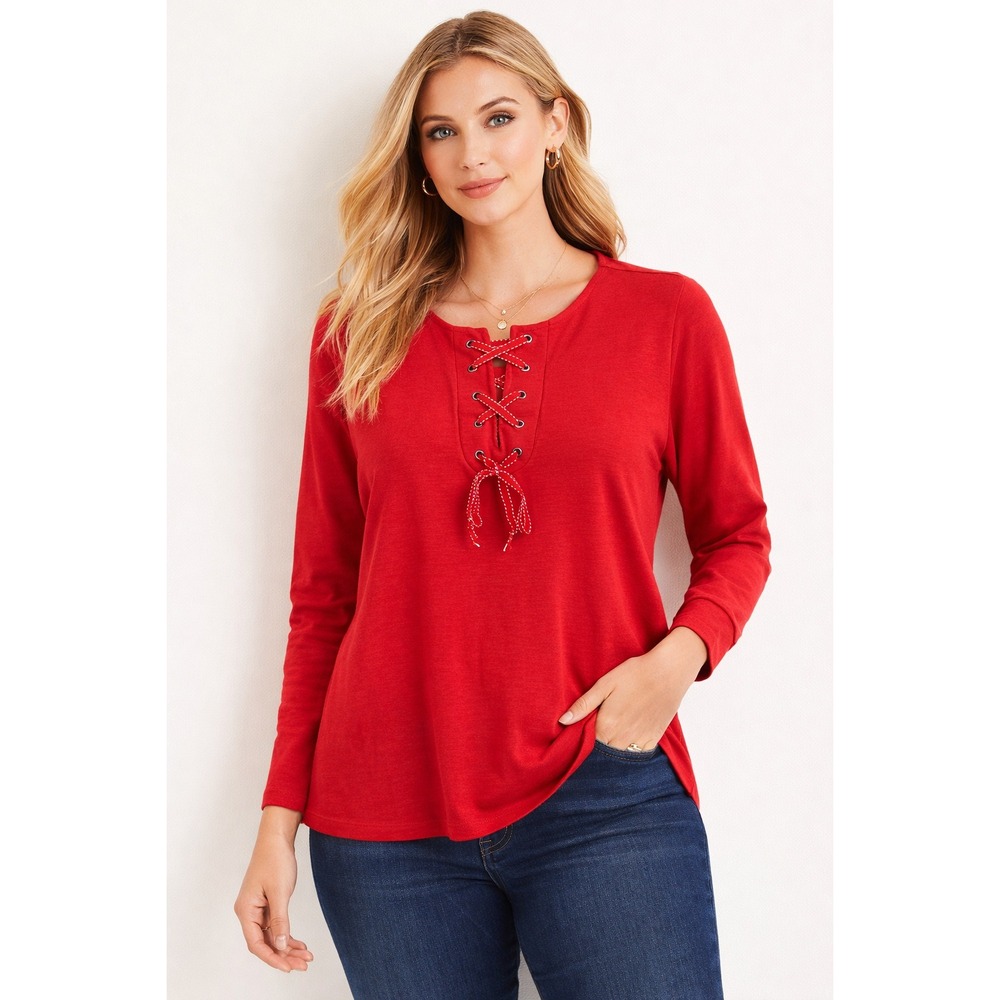 Talbots Red Long Sleeve Lace Up 100%‎ Cotton Top Women's Size L Preppy Nautical